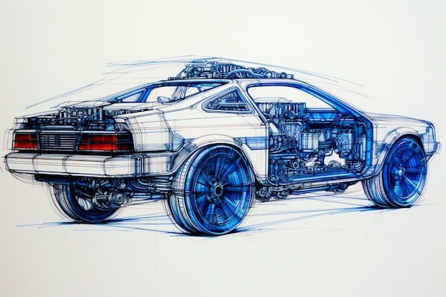 View of 3d car in sketch style