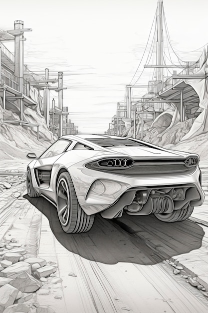 View of 3d car in sketch style