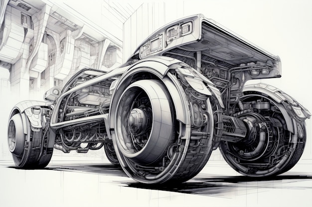 View of 3d car in sketch style