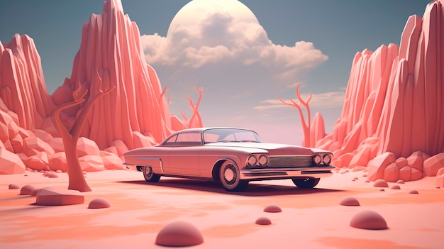 View of 3d car with abstract landscape