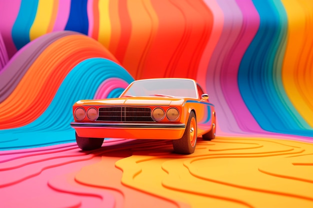 View of 3d car with abstract landscape