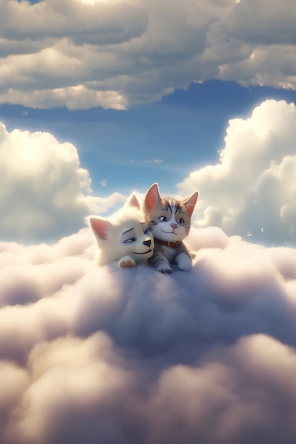 Free Photo view of 3d cat and dog with fluffy clouds