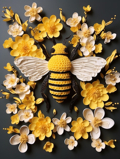 Free photo view 3d crochet bee insect with flowers