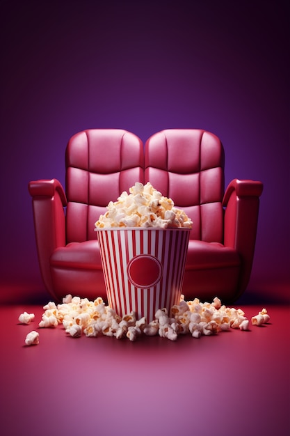 View of 3d cup of popcorn with cinema seat