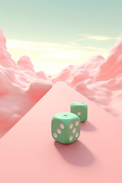 View of 3d dice with abstract scenery