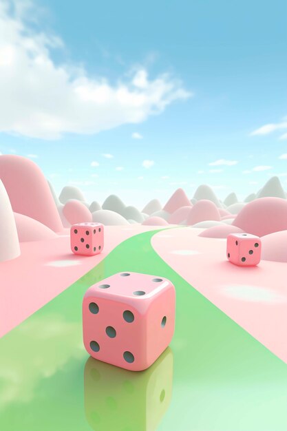 View of 3d dice with abstract scenery