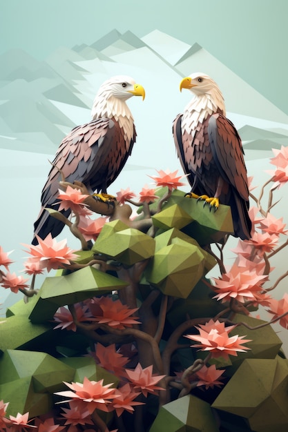 Free photo view of 3d eagles in flowering tree