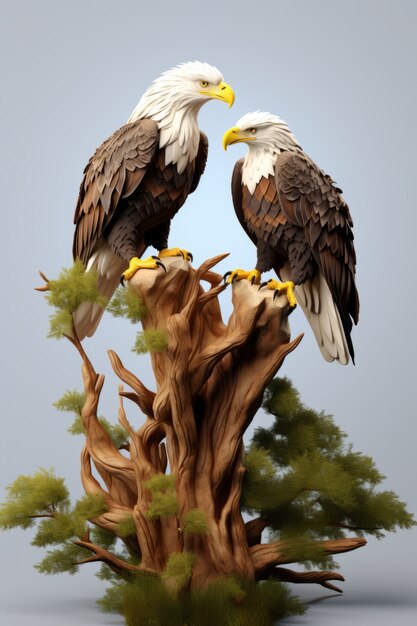 View of 3d eagles on tree branch