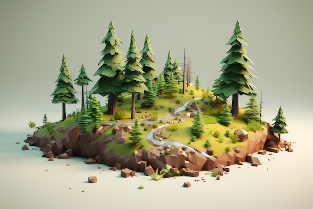 Free Photo view of 3d forest landscape on mound with river