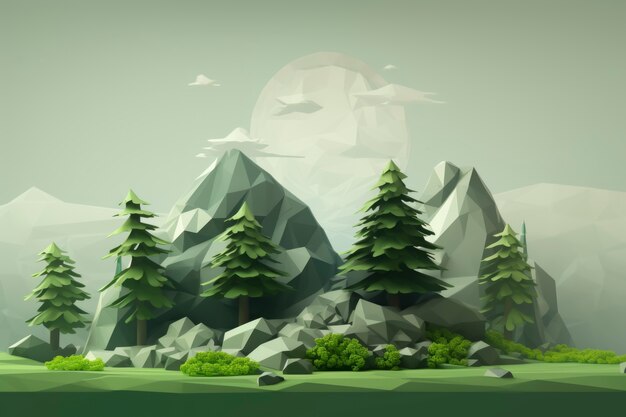 View of 3d forest landscape with mountains and sky