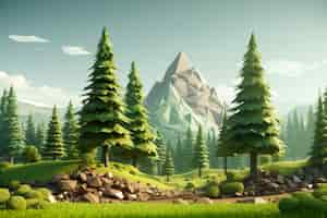 Free photo view of 3d forest landscape with mountains and sky