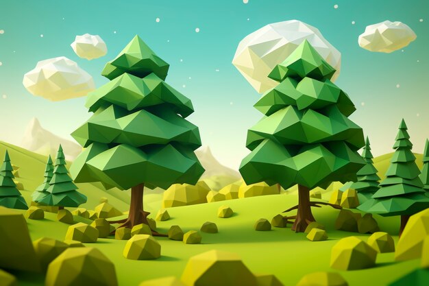 View of 3d geometric trees with rocks and sky background