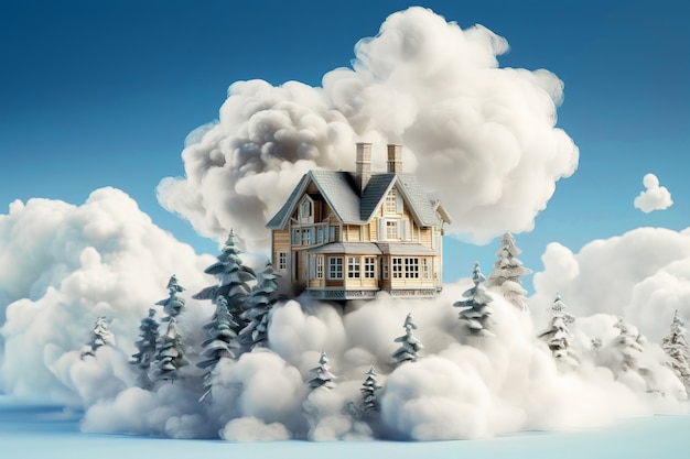 Free photo view of 3d house with clouds