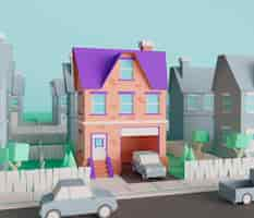 Free photo view of 3d house with garage and car