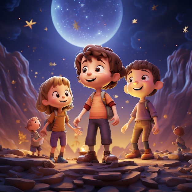 View of 3d kids with lanterns at night