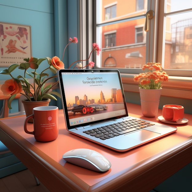 View of 3d laptop device with screen and keyboard