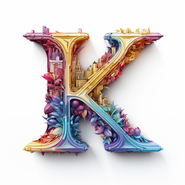 Free Photo view of 3d letter k with city buildings and leaves