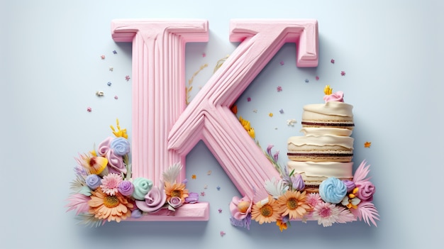 Free Photo view of 3d letter k with flowers and cake