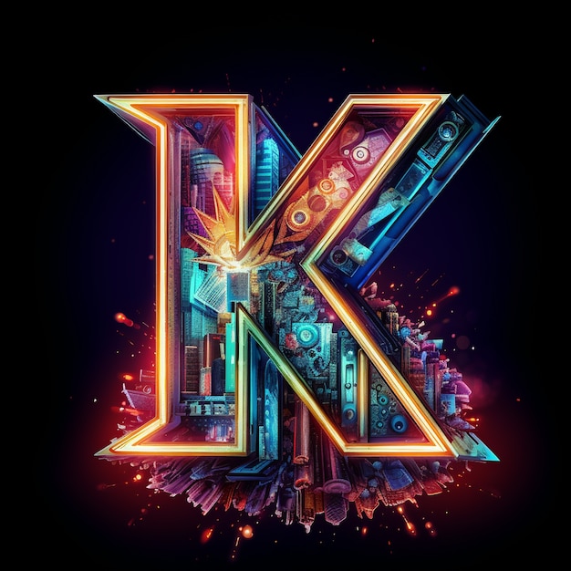 Free photo view of 3d letter k with neon colors