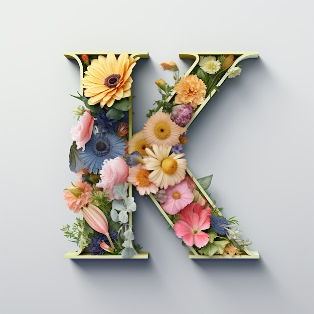 Free Photo view of 3d letter k with vegetation and flowers