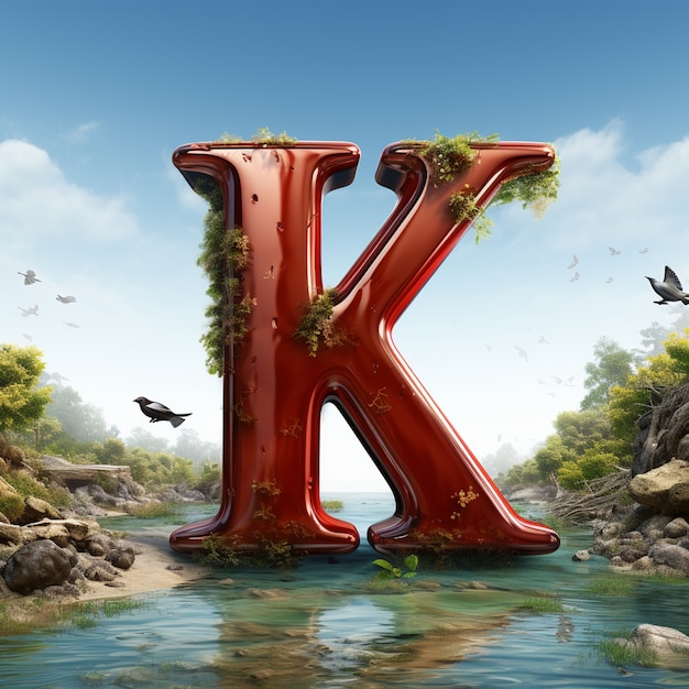 Free Photo view of 3d letter k with vegetation and nature on water