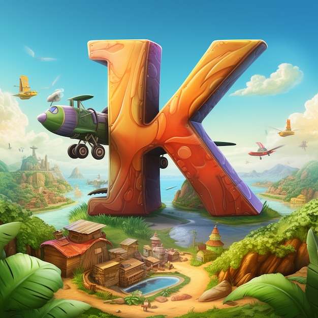 Free Photo view of 3d letter k with wood and village