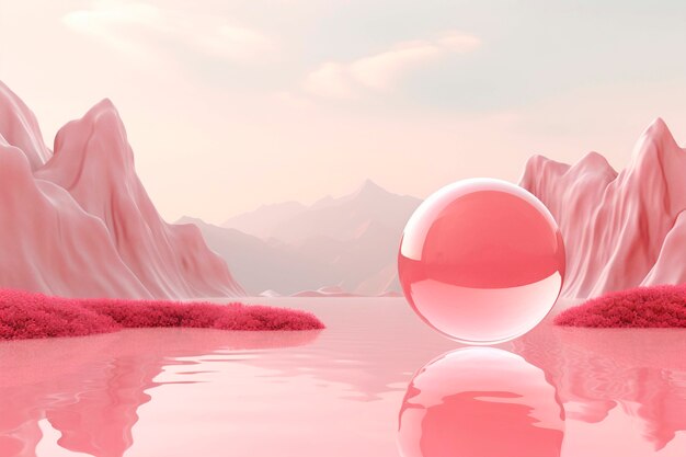 View of 3d modern sphere with fantastic landscape