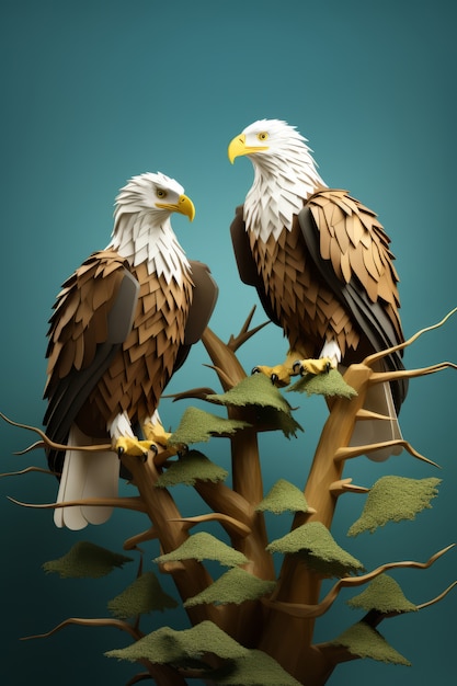 Free photo view of 3d pair of eagles on tree branches