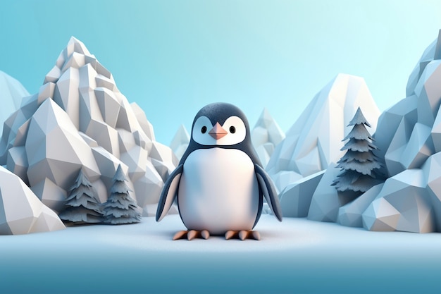 View of 3d penguin bird with nature landscape