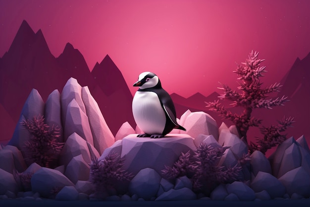 View of 3d penguin bird with nature landscape