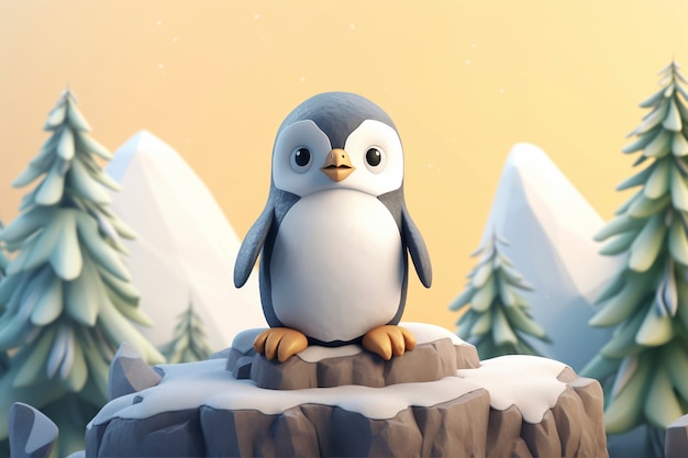 View of 3d penguin bird with nature landscape