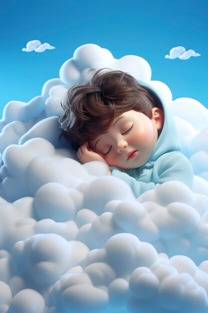 View of 3d person sleeping in clouds