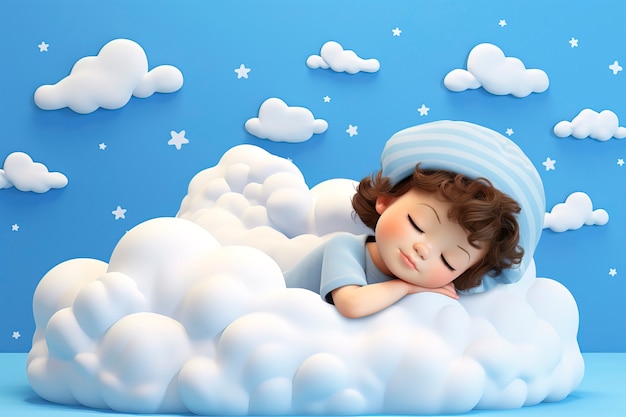 View of 3d person sleeping in clouds