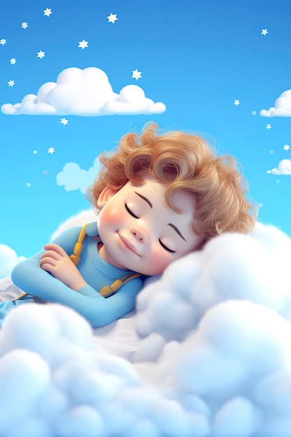 View of 3d person sleeping in clouds