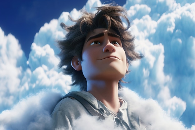 View of 3d person with fluffy clouds