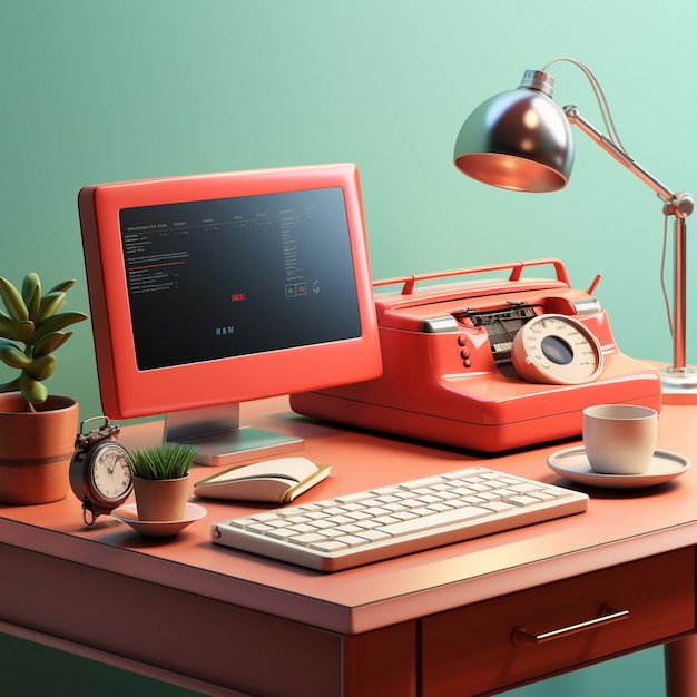 View of 3d personal computer with workstation and office items