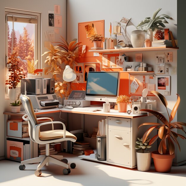 View of 3d personal computer with workstation and office items