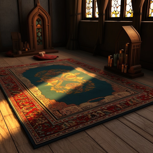 View of 3d place with mat for praying