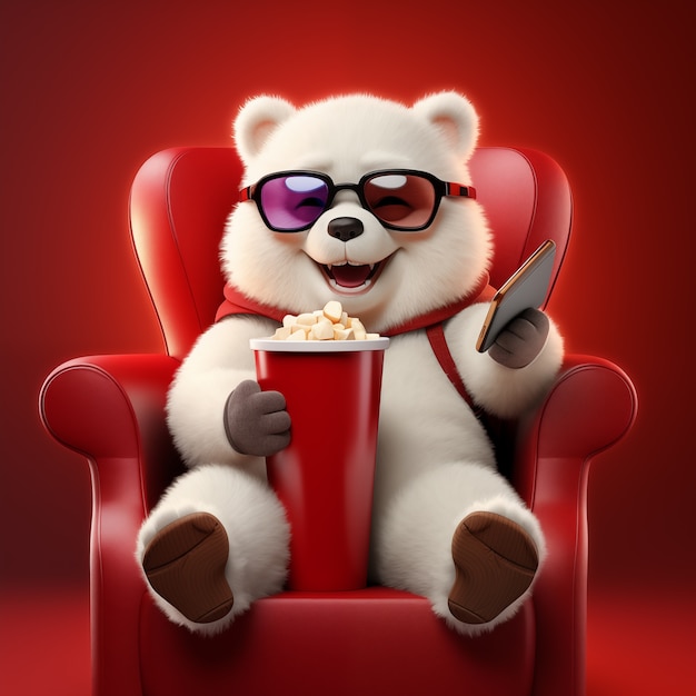 Free photo view of 3d polar bear watching a movie at the cinema