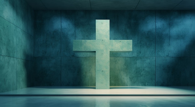 Free photo view of 3d religious cross in blue room