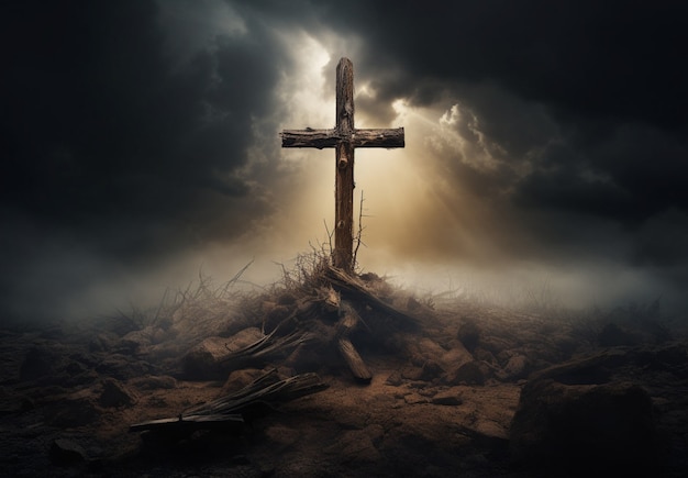 Free photo view of 3d religious cross with apocalyptic scenery