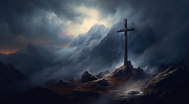 Free photo view of 3d religious cross with gloomy weather