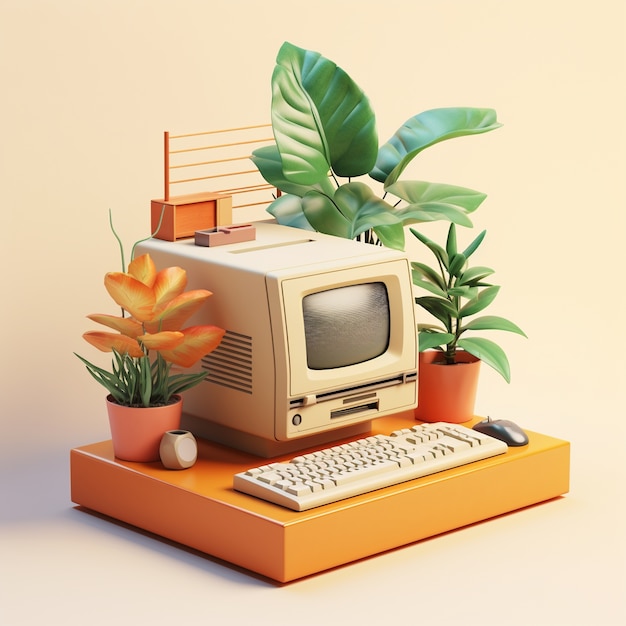 Free photo view of 3d retro computer with cathode-ray tube