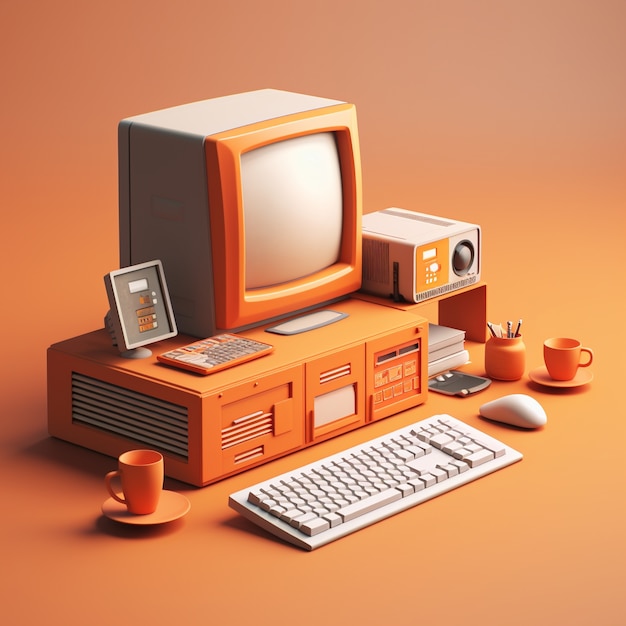 Free photo view of 3d retro computer with cathode-ray tube