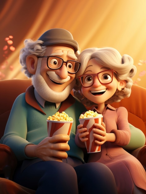 Free Photo view of 3d senior couple watching a movie