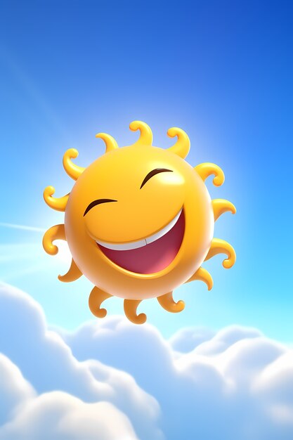 View of 3d smiley and happy sun with sky background