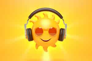 Free photo view of 3d smiley sun with headphones