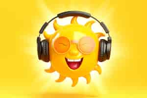 Free photo view of 3d smiley sun with headphones