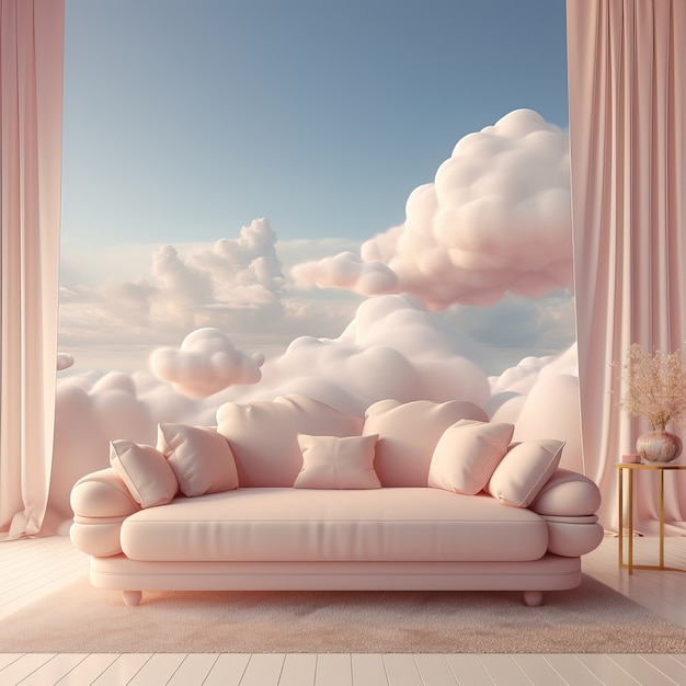 Free Photo view of 3d sofa with fluffy clouds