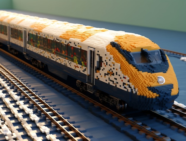 Free photo view of 3d train made of interlocking toy blocks